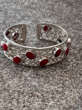 Vintage sterling silver cuff bracelet filigree design set & red coral stones